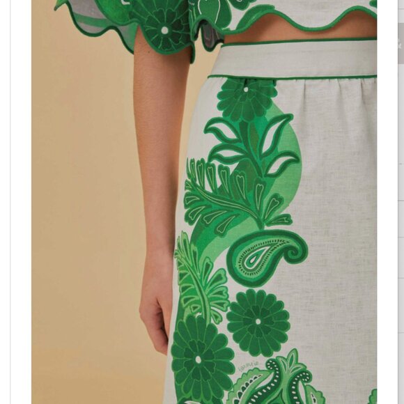 MATCHING SET | Farm Rio Green Color Festival Euroflax Blouse & Skirt Set, Size L - Picture 7 of 7